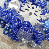 Snowflake Winter Mesh Door Wreath | Blue White Silver