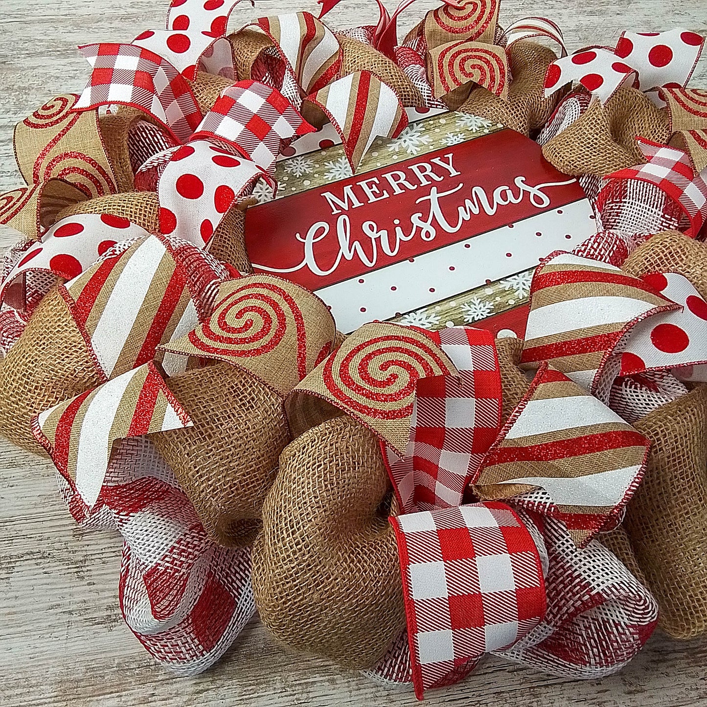 Burlap Farmhouse Merry Christmas Wreath - Rustic Outdoor Front Door Wreath - Red White