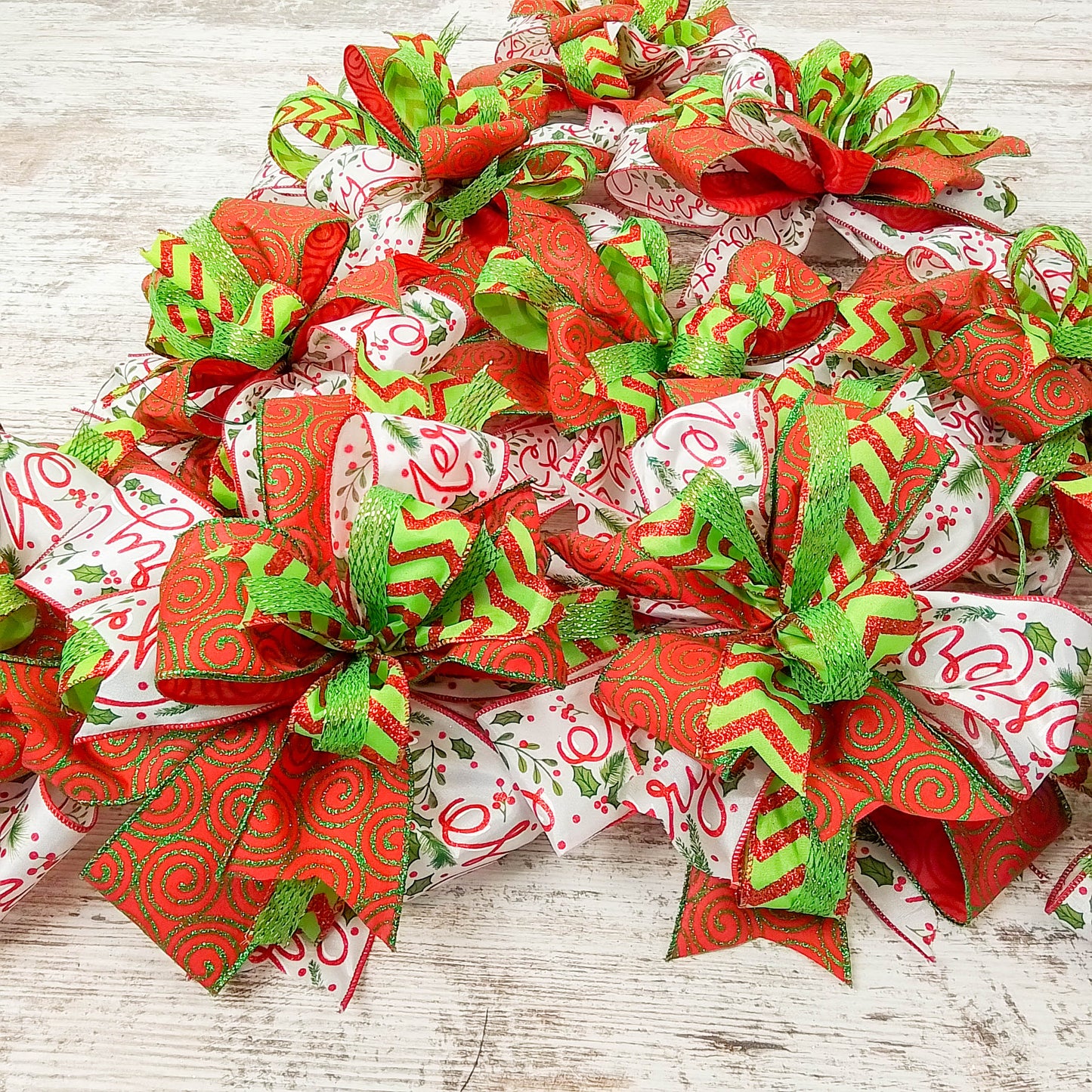 Red Lime Green Christmas Holiday Lantern Wreath Bow - Burlap Wreath Embellishment for Making Your Own - Layered Full Handmade Farmhouse Already Made