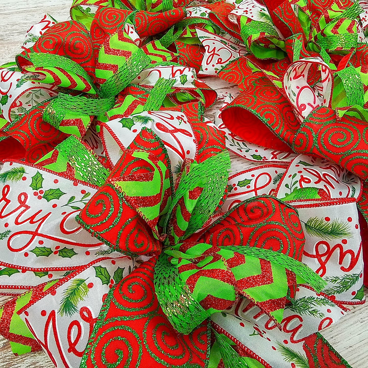 Red Lime Green Christmas Holiday Lantern Wreath Bow - Burlap Wreath Embellishment for Making Your Own - Layered Full Handmade Farmhouse Already Made