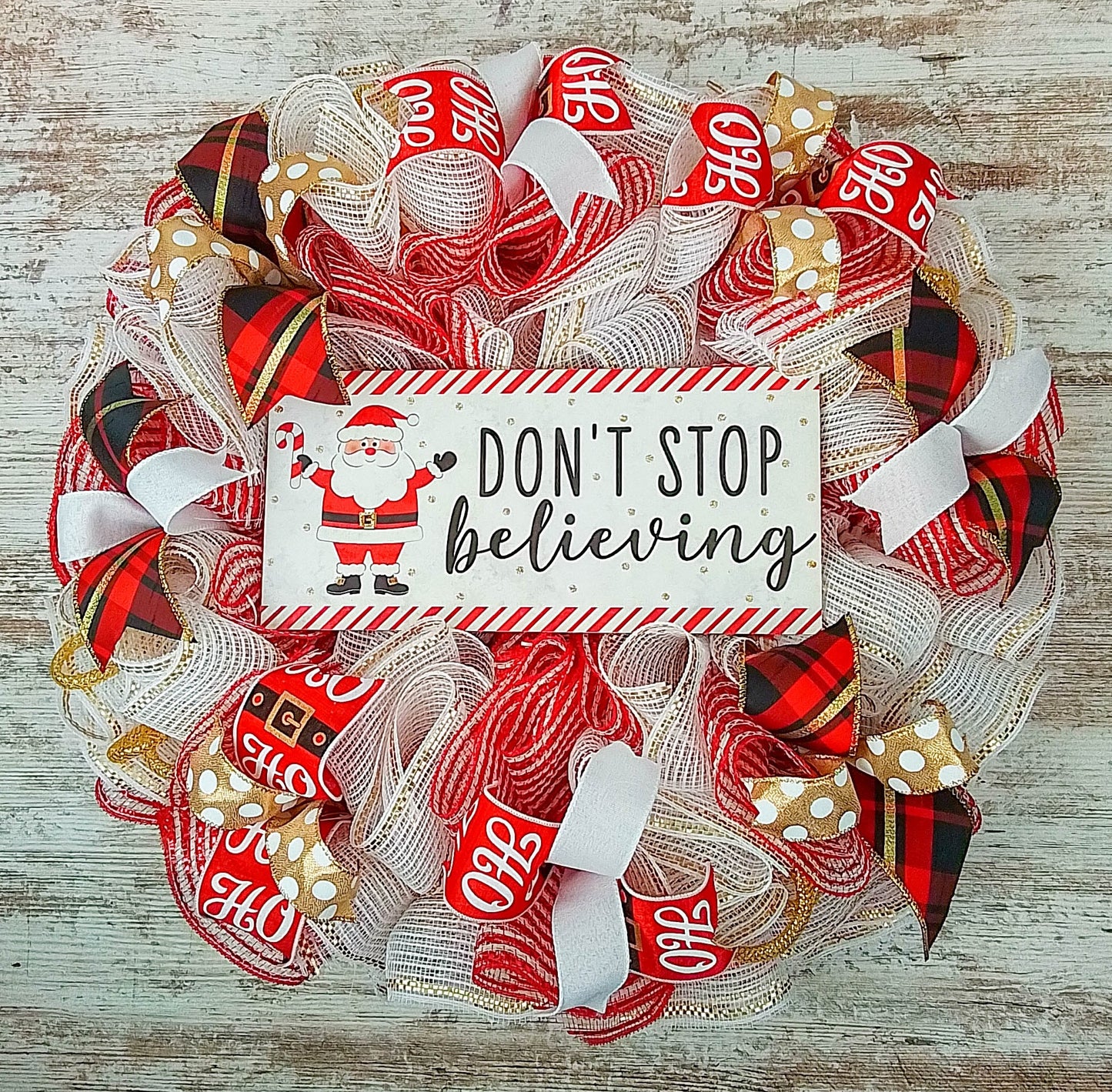 Santa Claus Wreath - Don't Stop Believing Christmas Front Door Wreaths - Outdoor Decor - White Red Black Gold