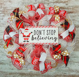 Santa Claus Wreath - Don't Stop Believing Christmas Front Door Wreaths - Outdoor Decor - White Red Black Gold