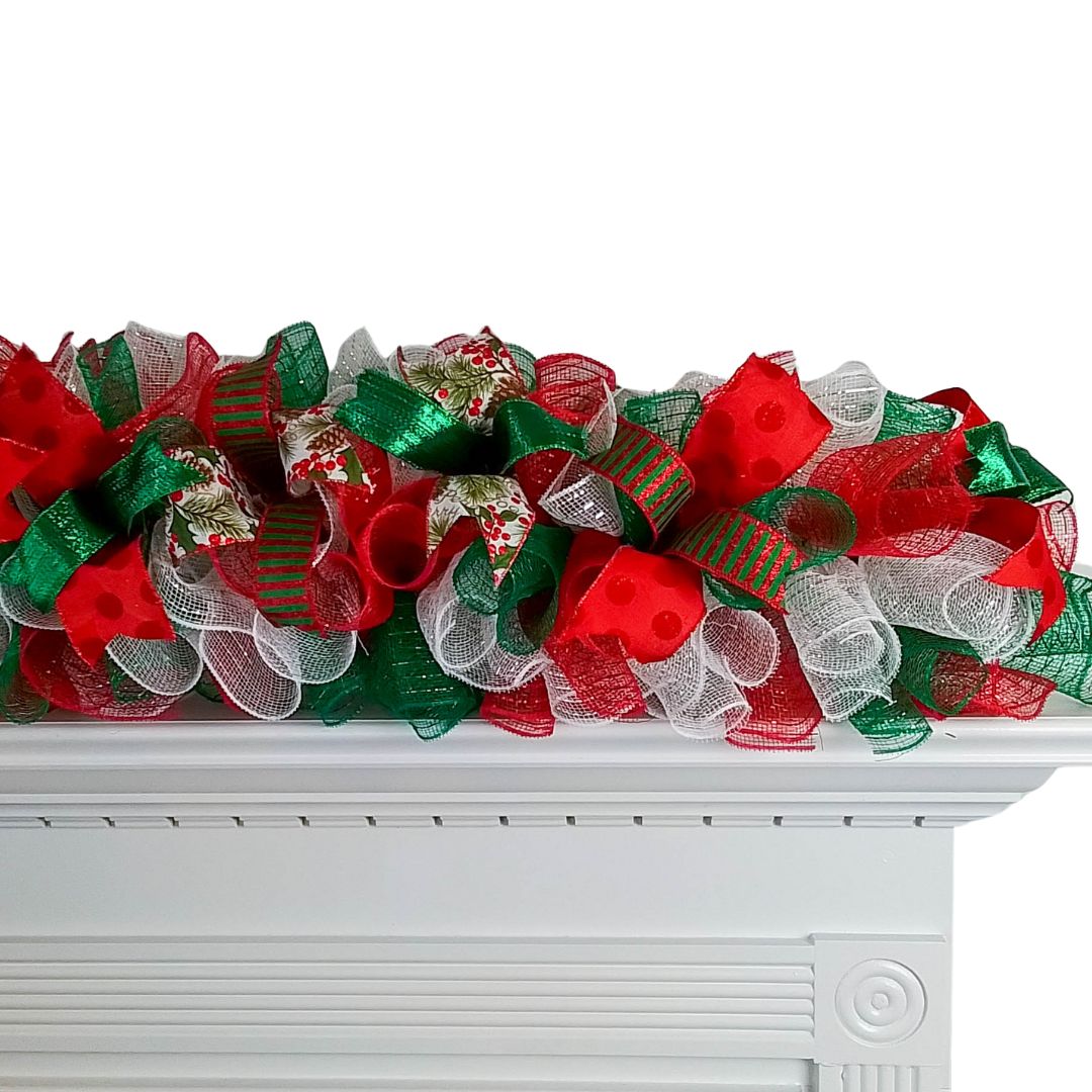 Christmas Tree Topper Bow, Red, Green and White Decor  | Holiday Tree Bow with Streamers