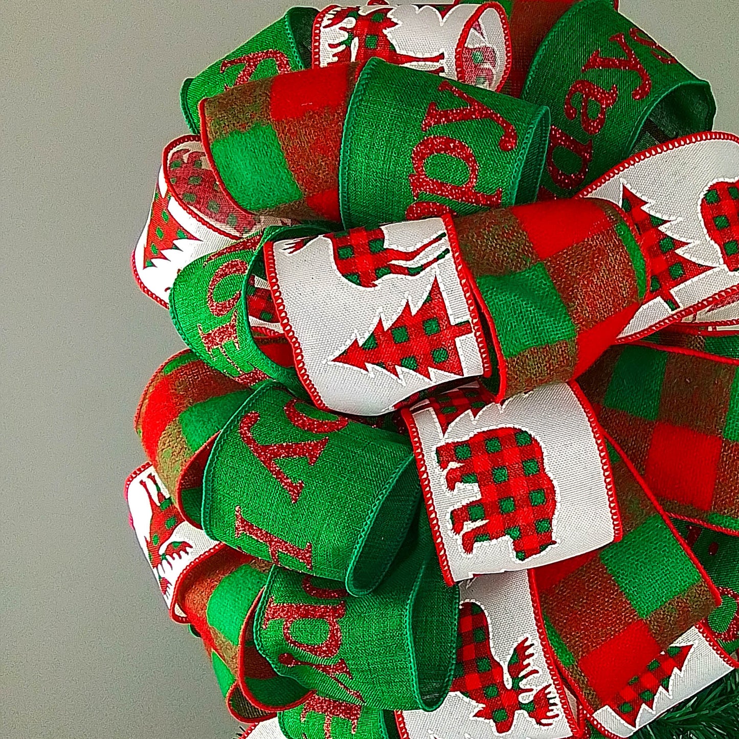 Full Bow Christmas Tree Topper - Gift Present Bow - Tree Bow | Red Emerald Green White