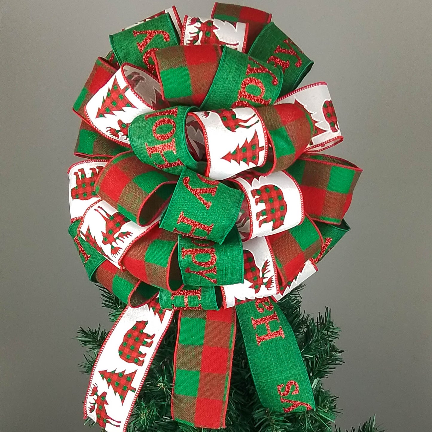 Full Bow Christmas Tree Topper - Gift Present Bow - Tree Bow | Red Emerald Green White