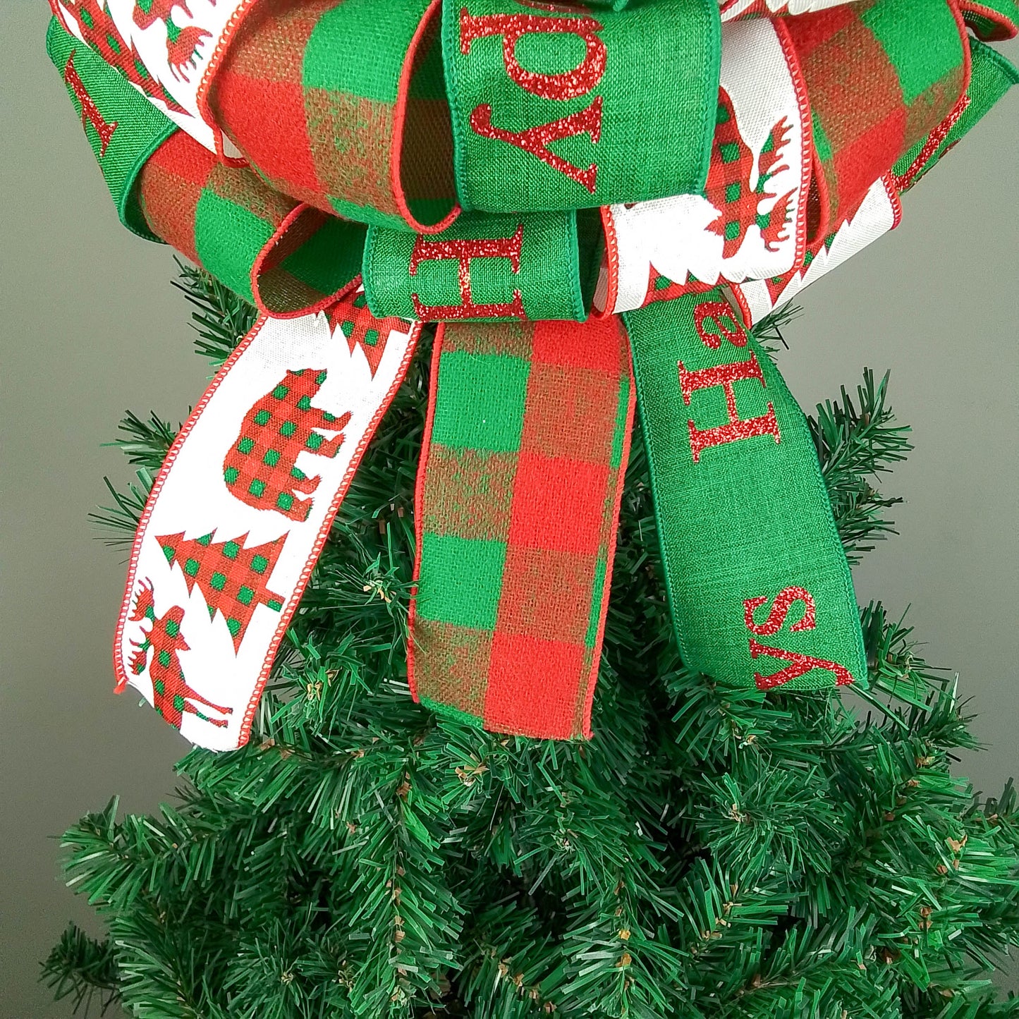 Full Bow Christmas Tree Topper - Gift Present Bow - Tree Bow | Red Emerald Green White