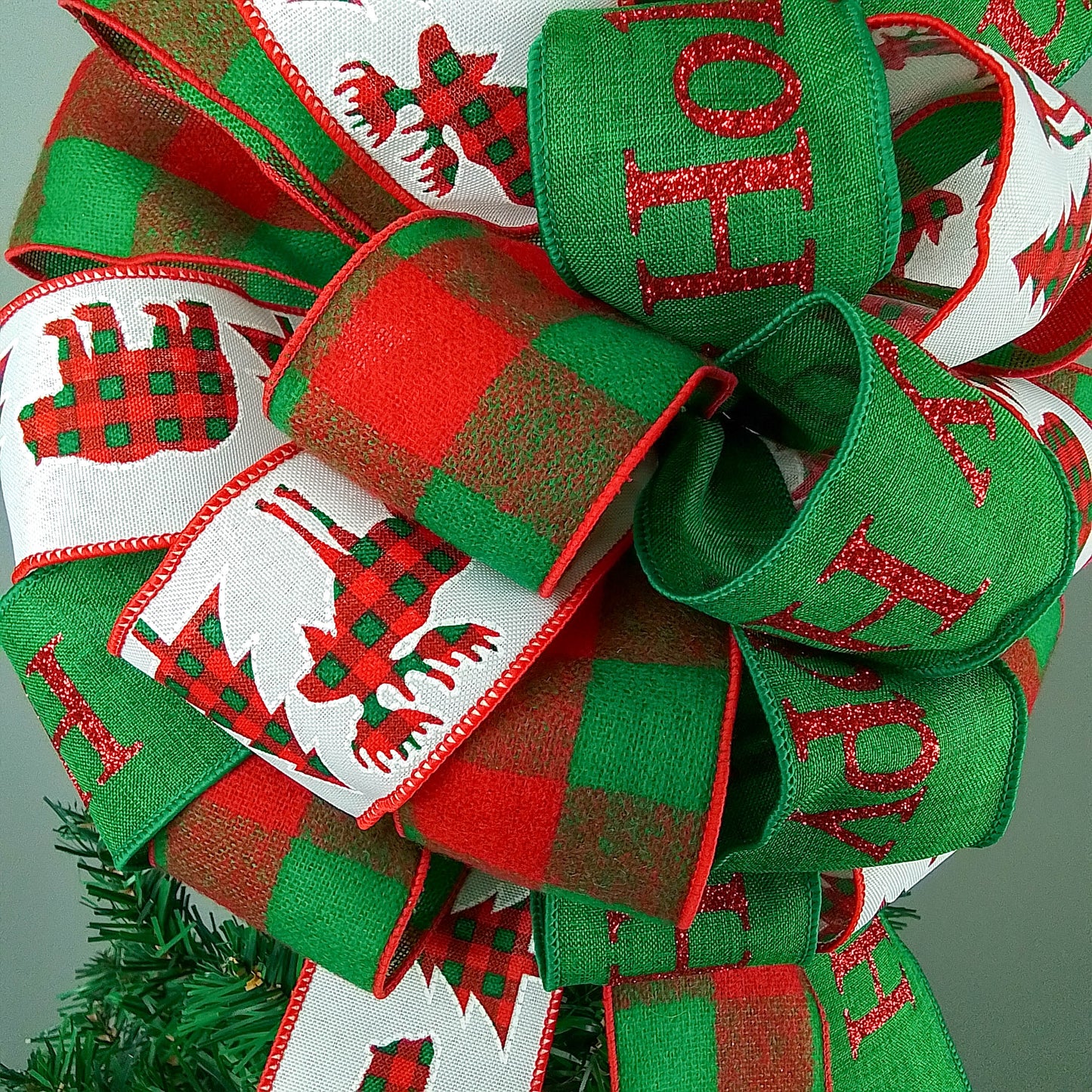 Full Bow Christmas Tree Topper - Gift Present Bow - Tree Bow | Red Emerald Green White
