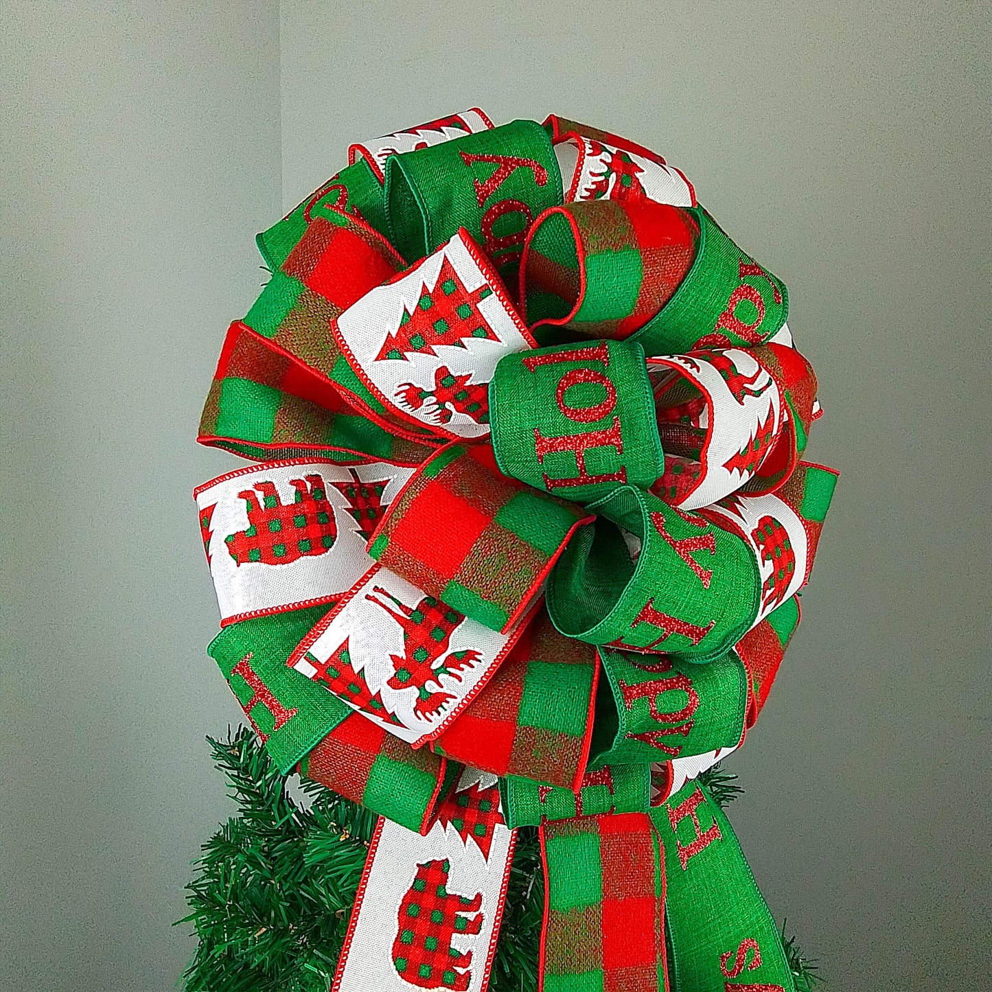 Full Bow Christmas Tree Topper - Gift Present Bow - Tree Bow | Red Emerald Green White