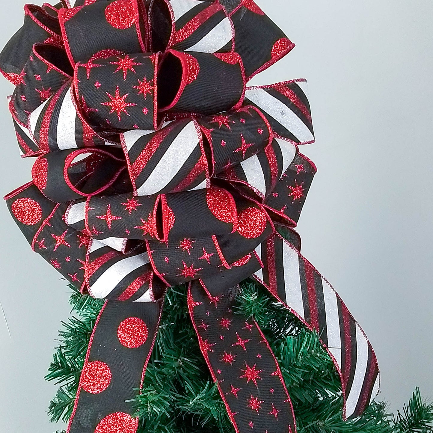 Red Black White Christmas Tree Bow Topper | Buffalo Plaid Tree Bow
