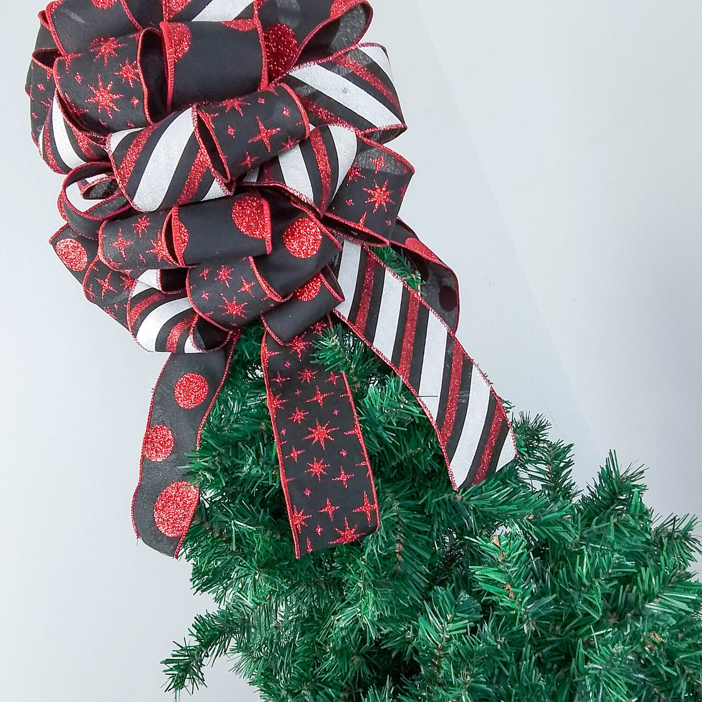 Red Black White Christmas Tree Bow Topper | Buffalo Plaid Tree Bow