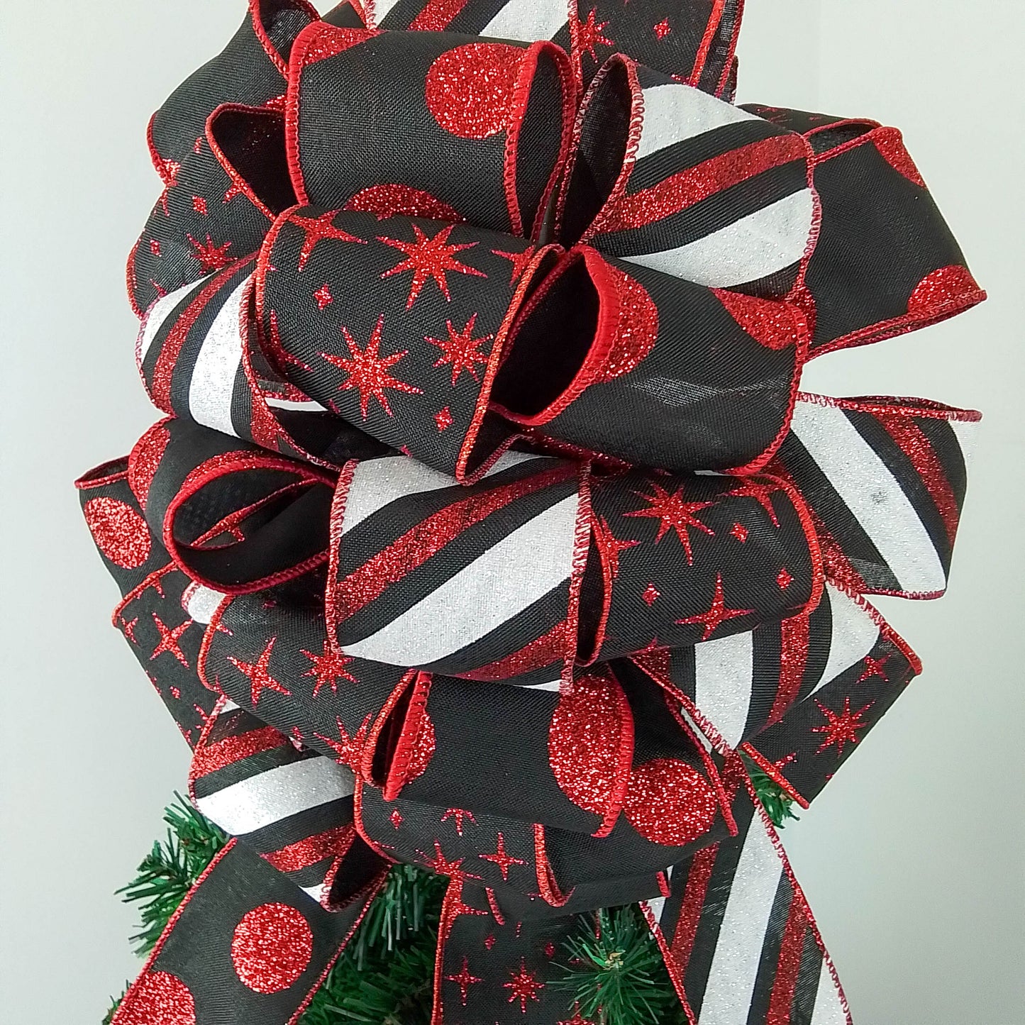 Red Black White Christmas Tree Bow Topper | Buffalo Plaid Tree Bow