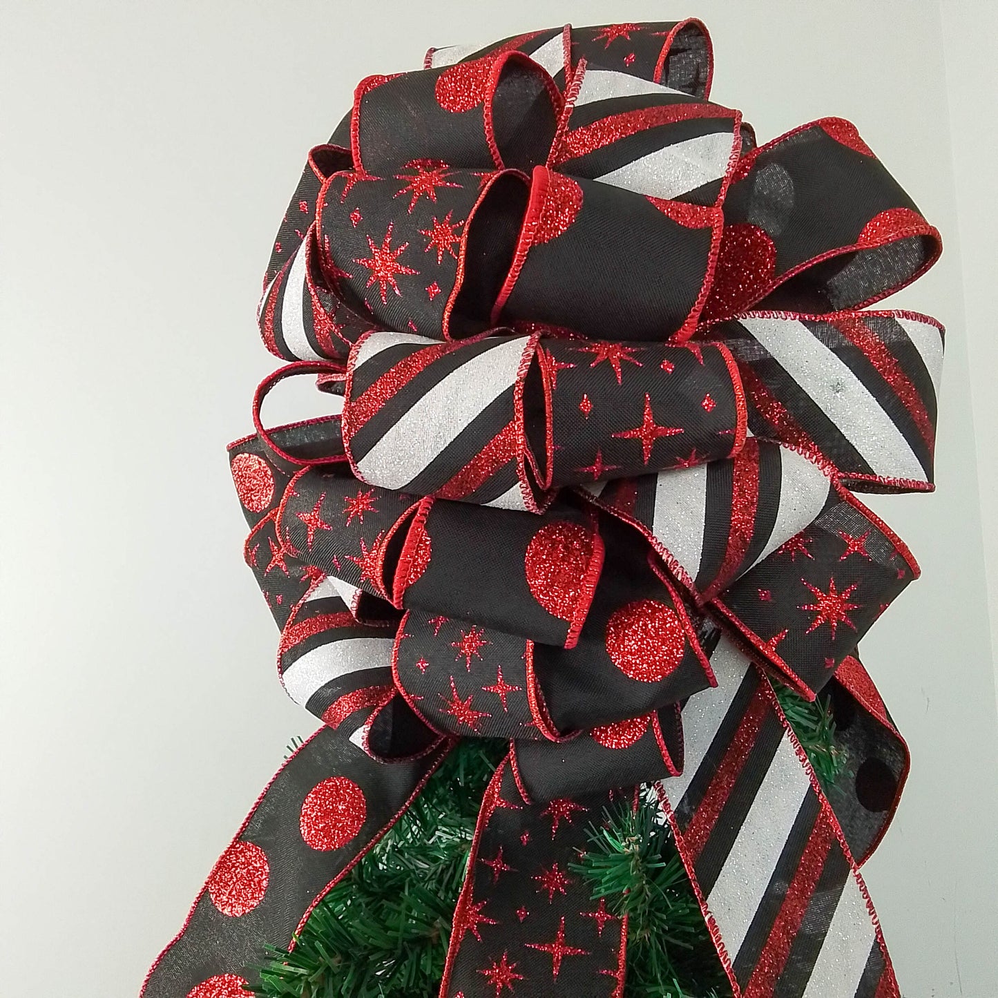 Red Black White Christmas Tree Bow Topper | Buffalo Plaid Tree Bow
