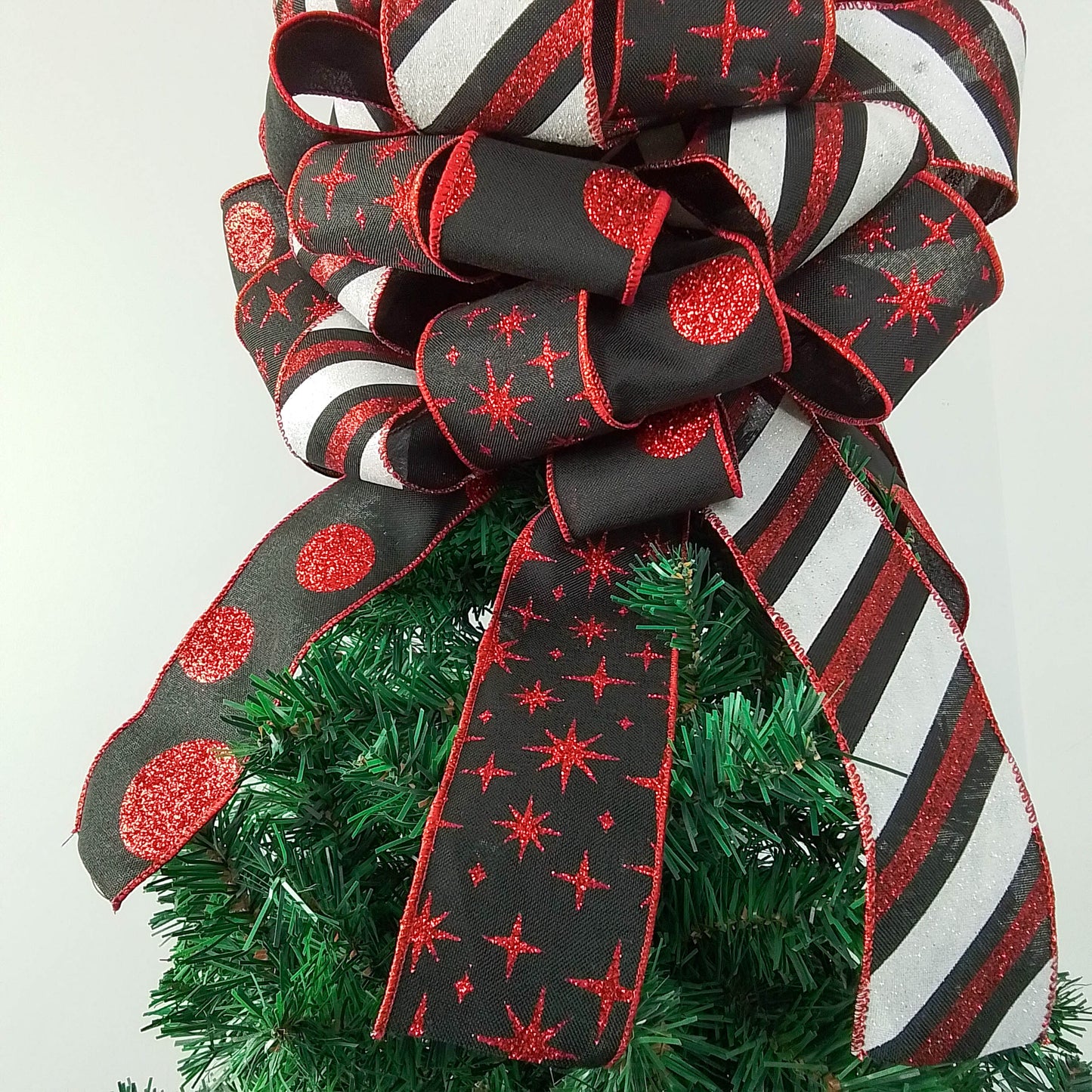 Red Black White Christmas Tree Bow Topper | Buffalo Plaid Tree Bow