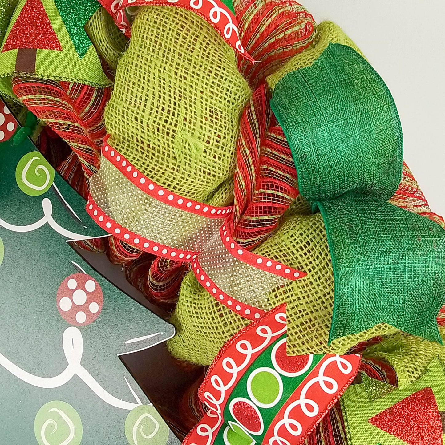Christmas Wreath - Holiday Tree Decor Front Door Wreath - Red Lime Green Burlap