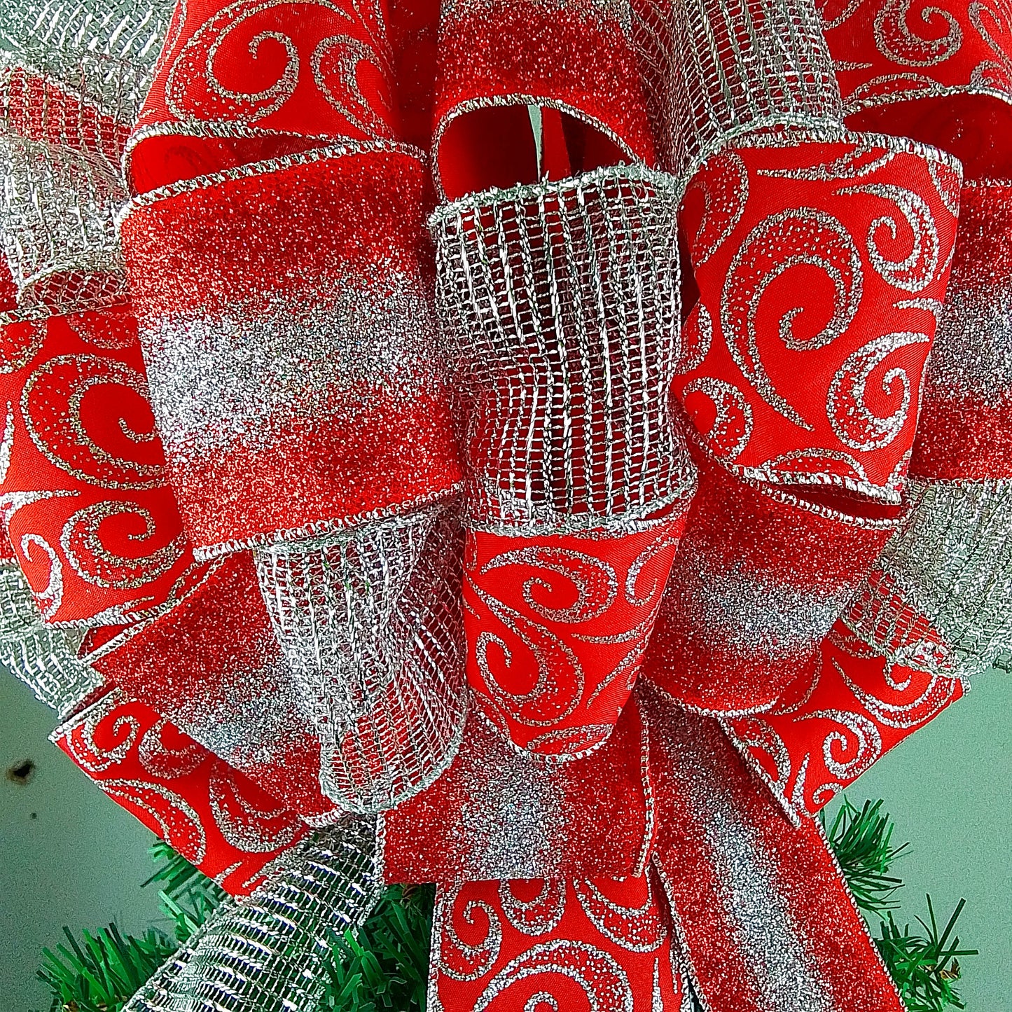 Christmas Tree Topper Bow | Red and Silver Bow | Present Bow