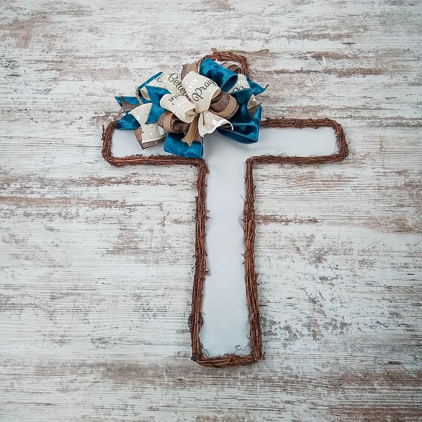 Cross Grapevine Wreath - Easter Cross Door Hanger Oversized Bow Door Decor; Cream Brown Dark Blue