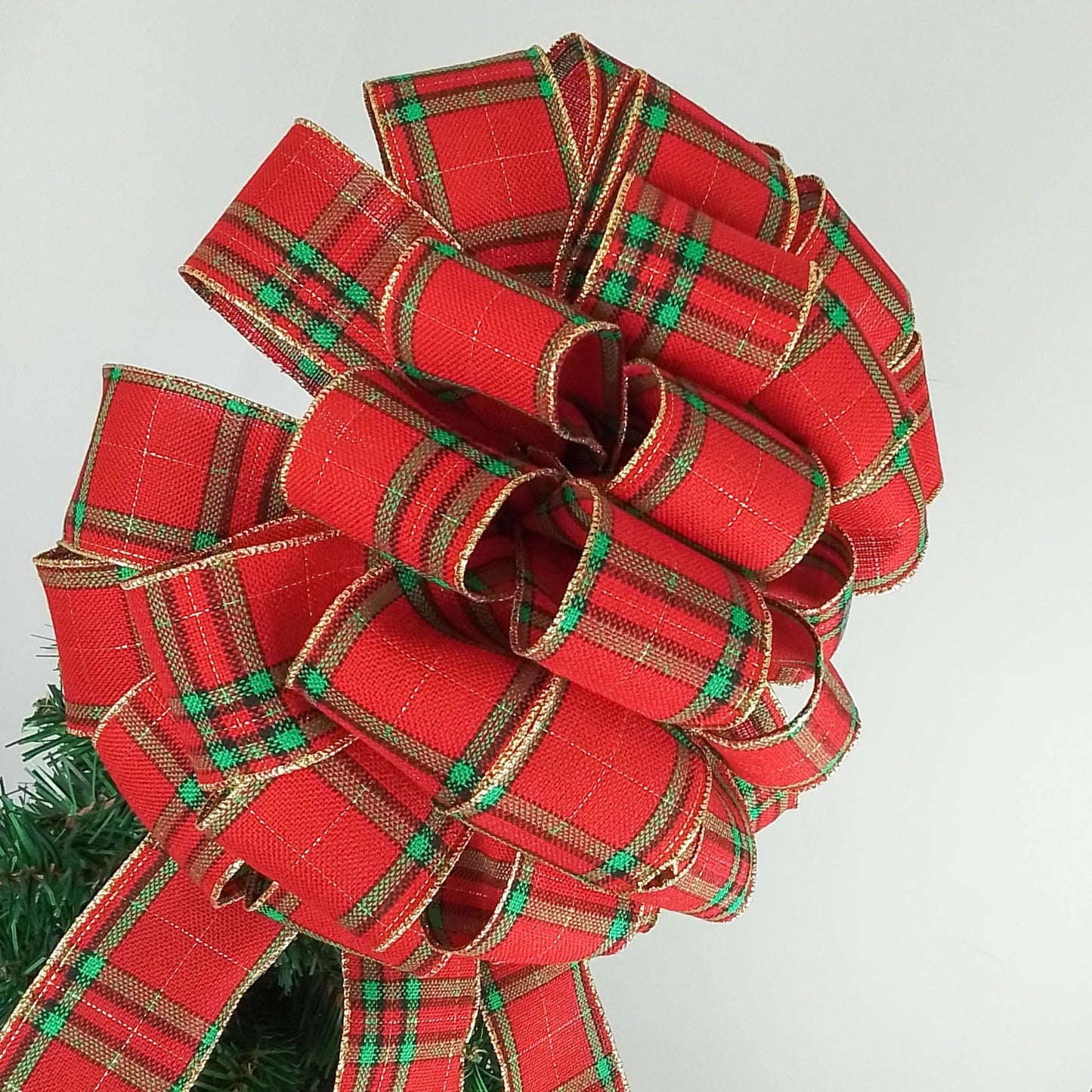 Tartan Plaid Red Green Gold Bow Tree Topper - Christmas Tree Bow