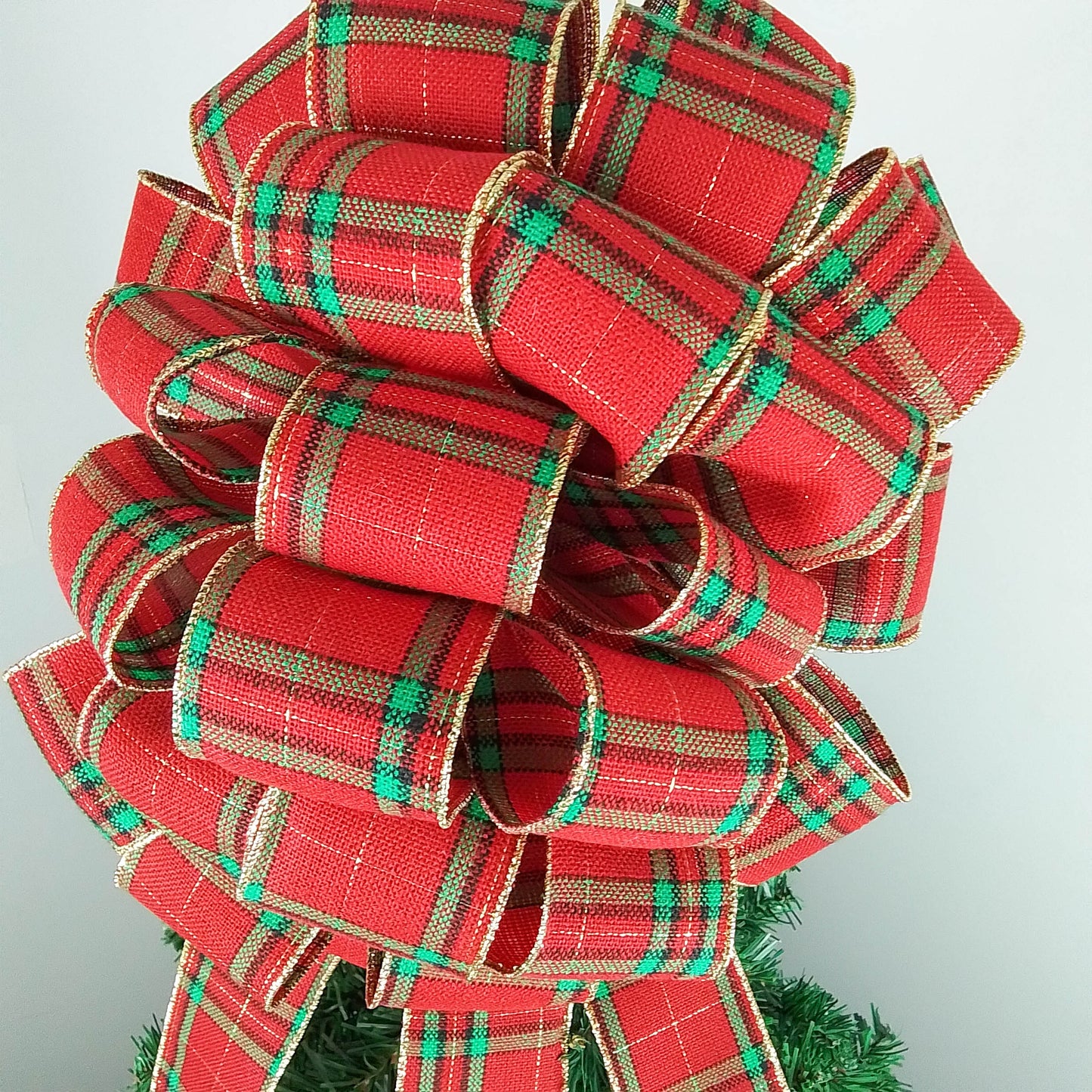 Tartan Plaid Red Green Gold Bow Tree Topper - Christmas Tree Bow