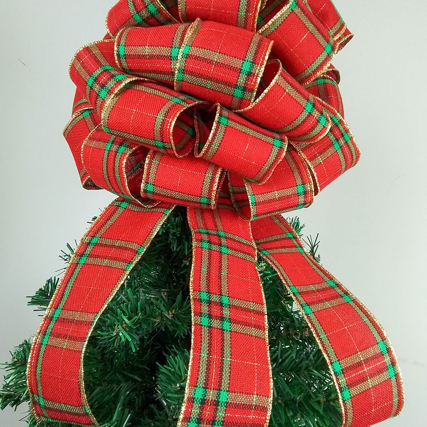 Tartan Plaid Red Green Gold Bow Tree Topper - Christmas Tree Bow