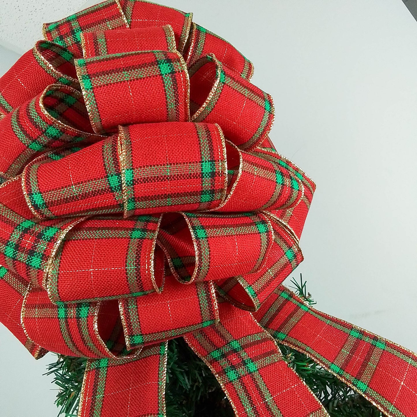 Tartan Plaid Red Green Gold Bow Tree Topper - Christmas Tree Bow