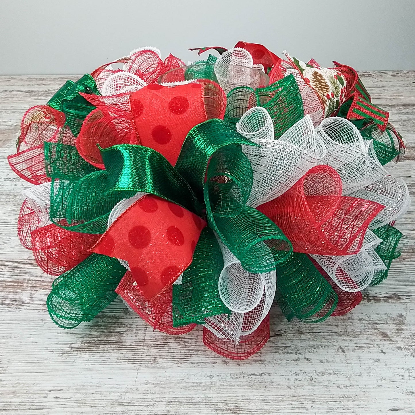Christmas Tree Topper Bow, Red, Green and White Decor  | Holiday Tree Bow with Streamers