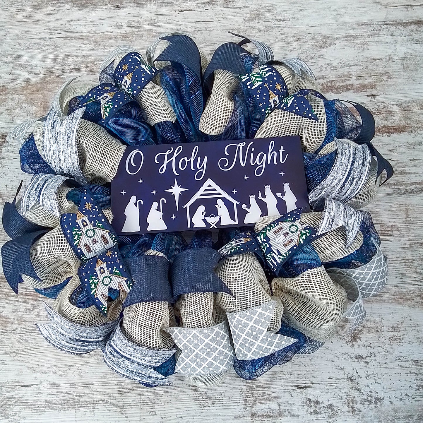 O Holy Night Jesus Christmas Wreath - Church Christian Religious Front Door Wreath - Navy Ivory White Burlap Farmhouse