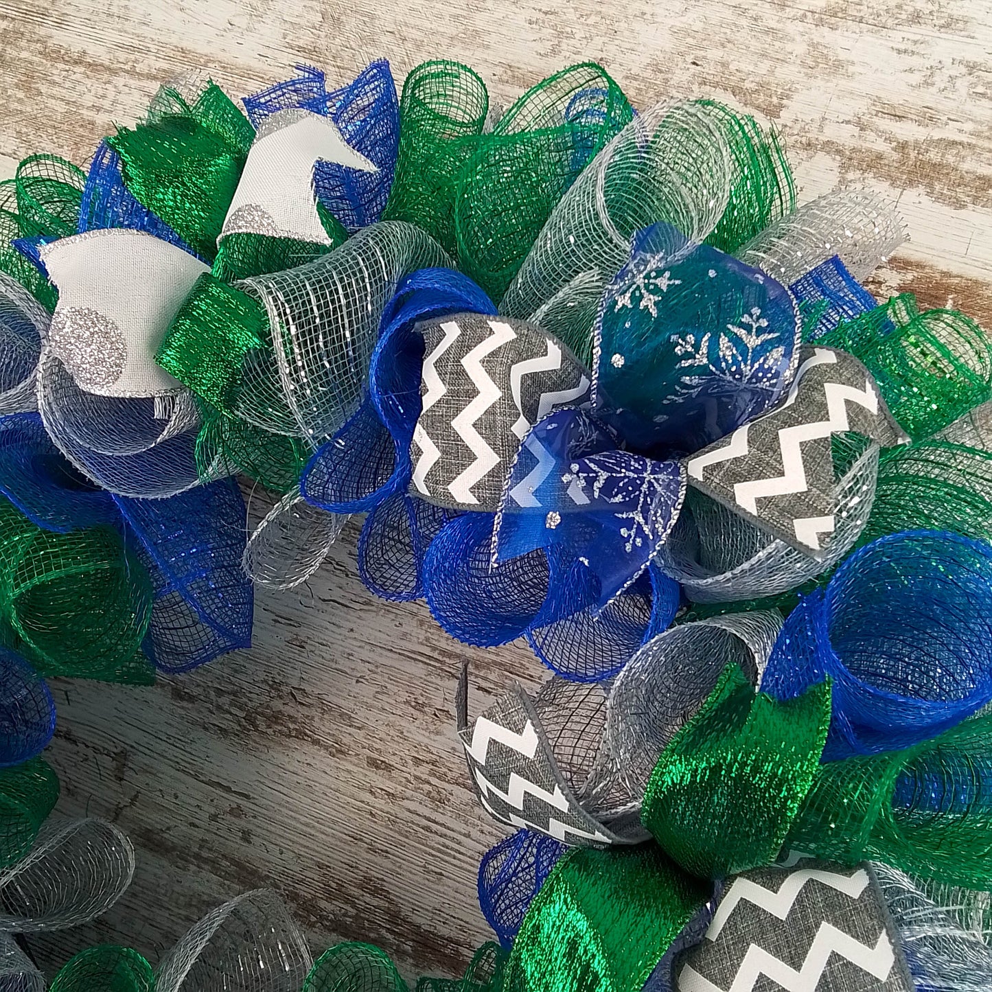 Winter Mesh Front Door Wreath | Hannukkah Wreath | Blue Green White Silver