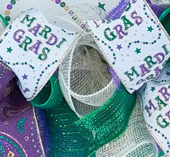 Sparkly Mardi Gras Wreath - White Gold Fat Tuesday Mesh Front Door Decor - Purple Emerald Green