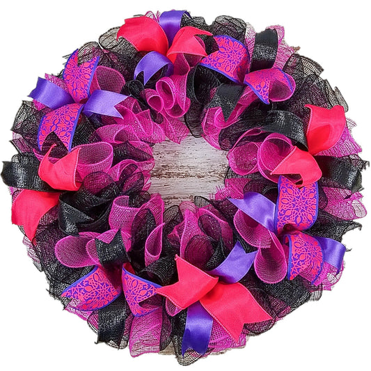 Black Pink Mesh Door Wreath; Black Hot Fuchsia Pink Purple