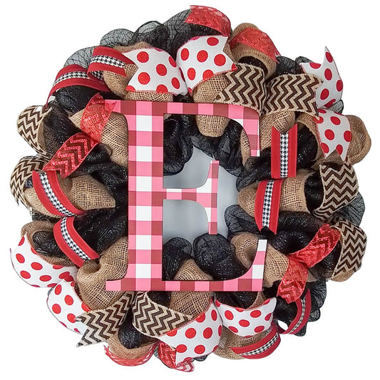 Red and Black Burlap Monogram Everyday Wreath