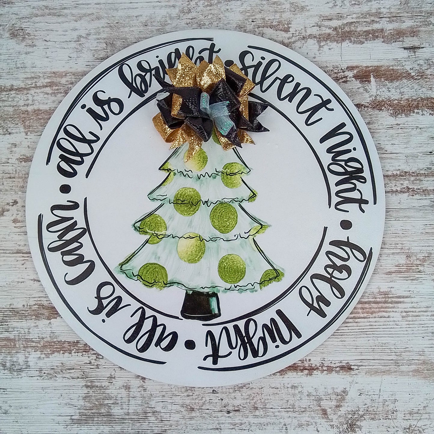 Silent Night Door Hanger - Gold and Black Christmas Decor - Round Circle Design