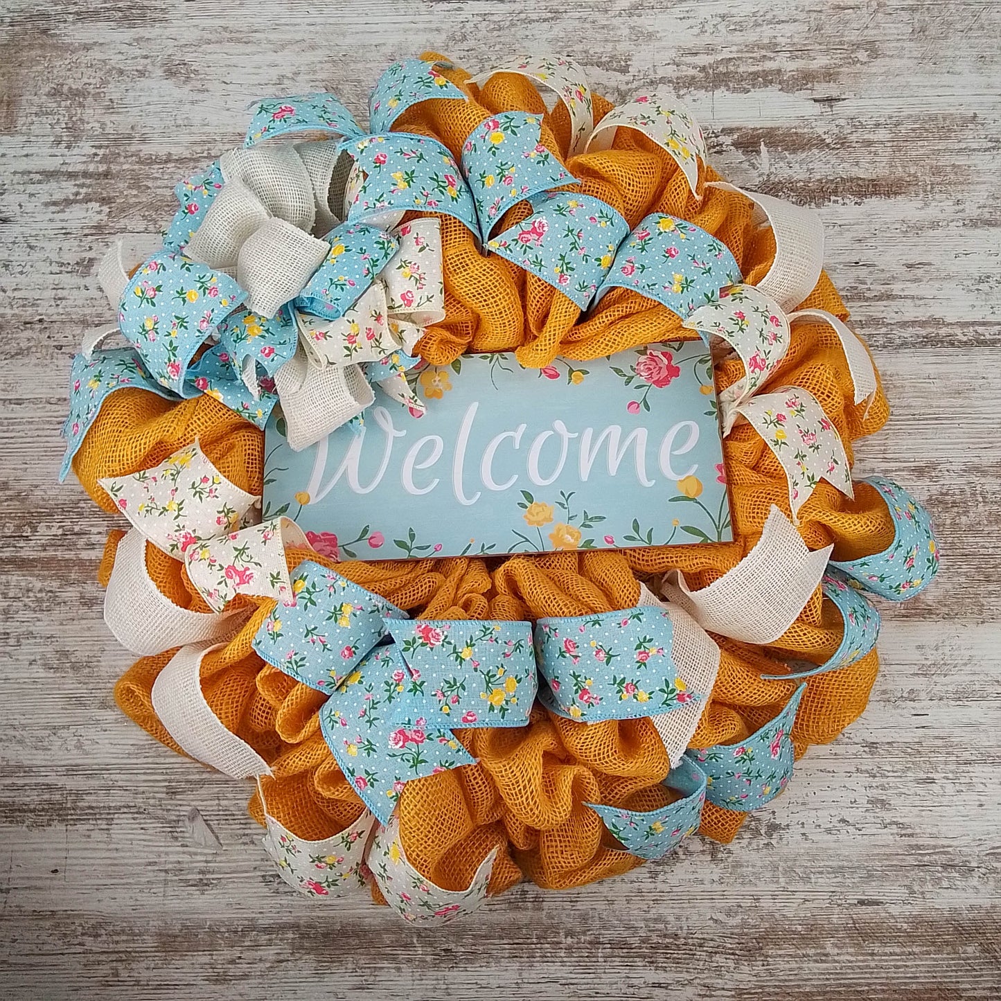 Floral Spring Welcome Wreath - Everyday Door Wreath - Yellow Pink Blue Burlap - Gift for Mom