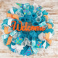Orange Turquoise Welcome Year Round Spring Wreath; White Teal : P9