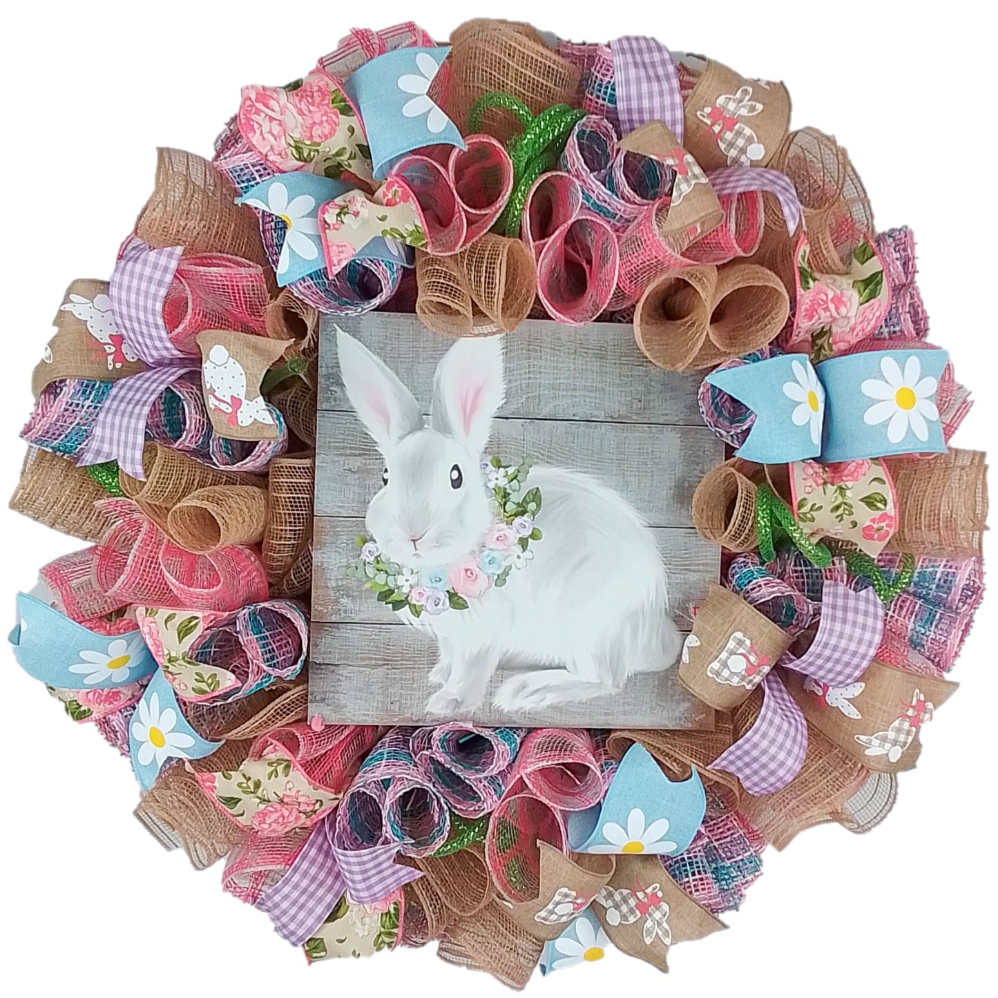 Farmhouse Easter Bunny Wreaths for Front Door - Pink Burlap Wreath
