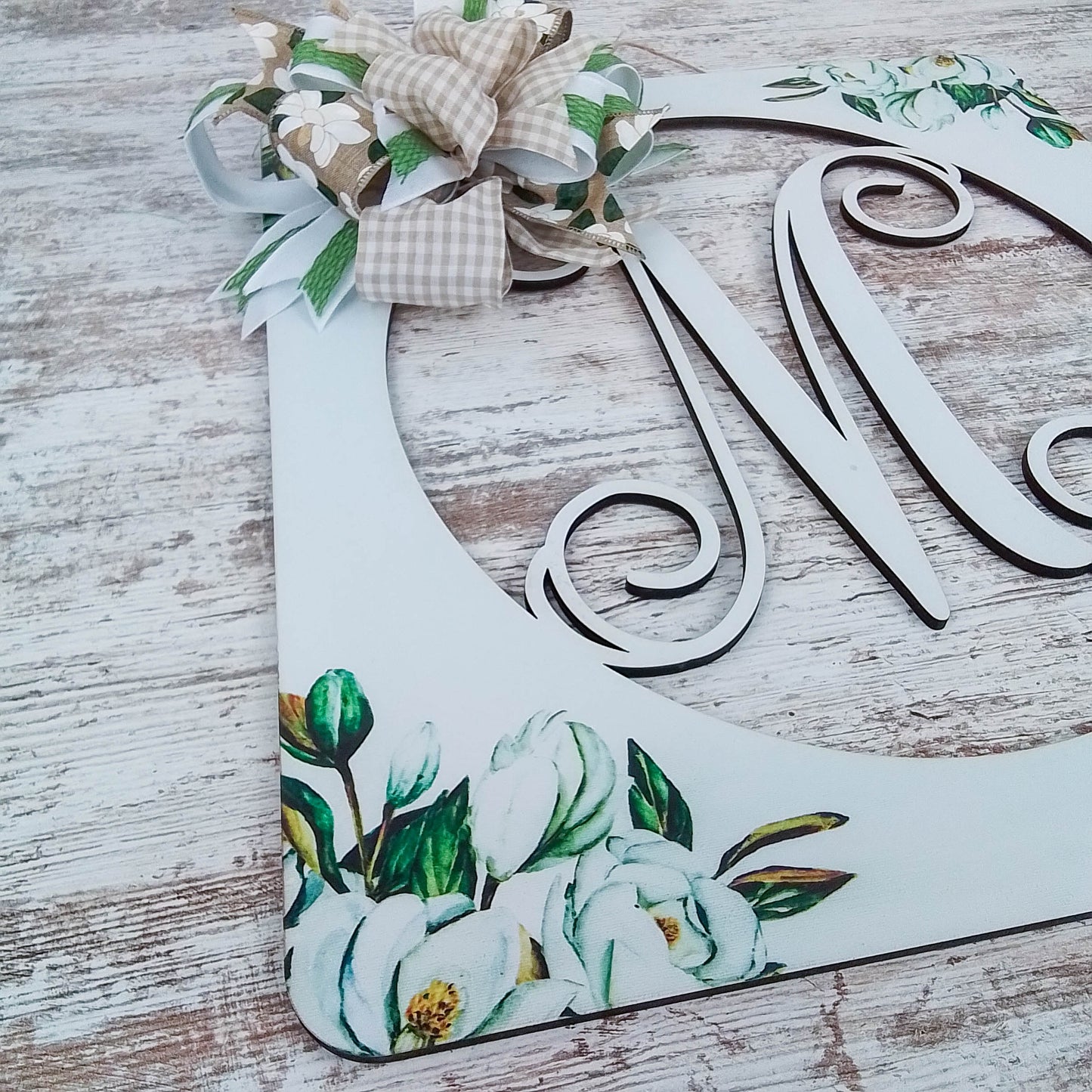 Personalized Door Hanger, Magnolia Monogram Decor, Customizable Floral Wreath
