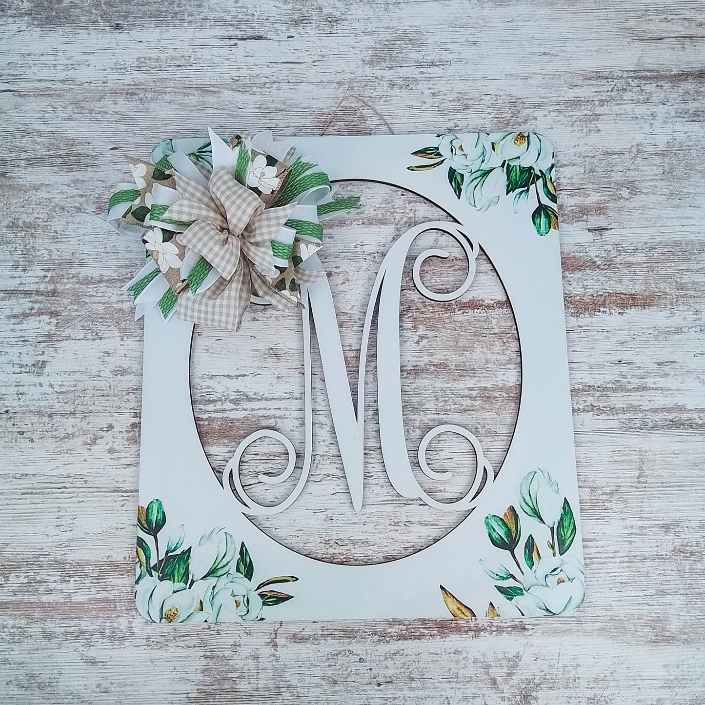Personalized Door Hanger, Magnolia Monogram Decor, Customizable Floral Wreath