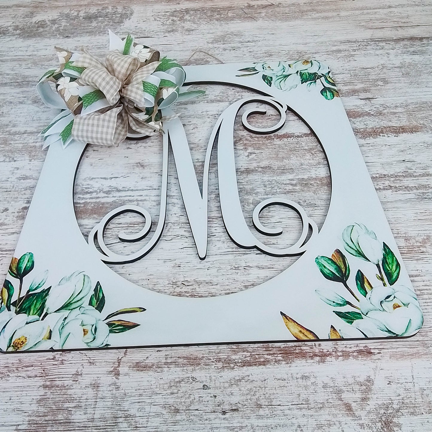 Personalized Door Hanger, Magnolia Monogram Decor, Customizable Floral Wreath