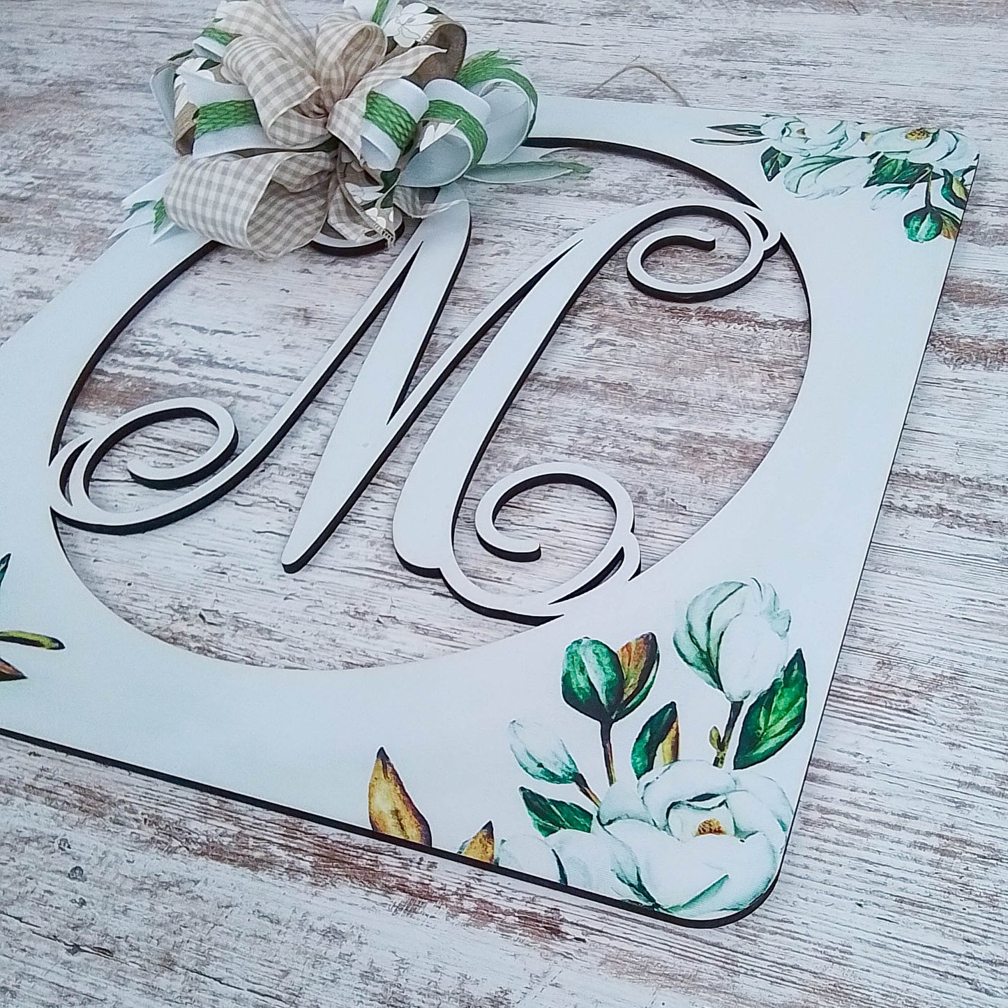 Personalized Door Hanger, Magnolia Monogram Decor, Customizable Floral Wreath