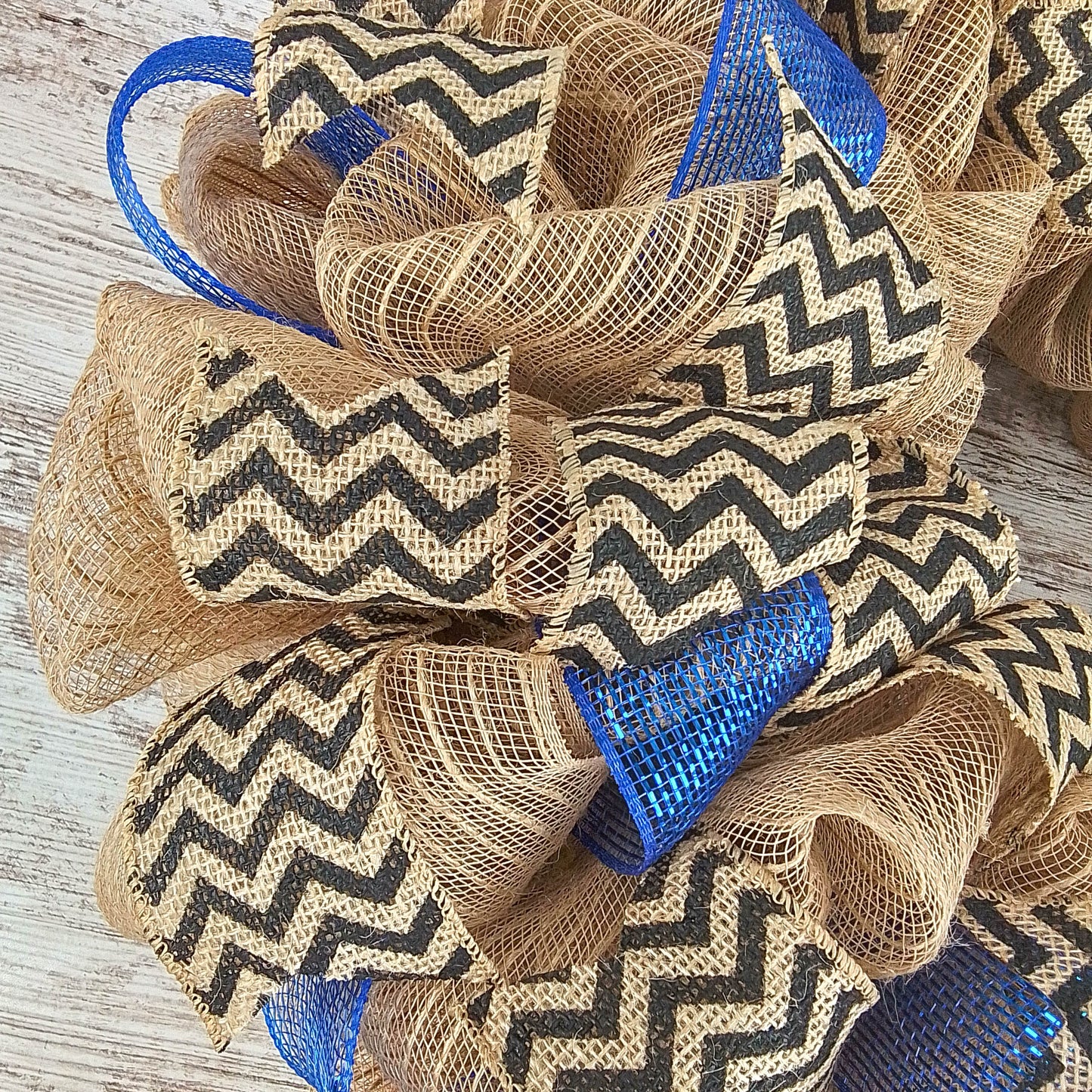Burlap and Blue Deco Mesh Wreath, Rustic Door Hanger, Chevron Ribbon Accents