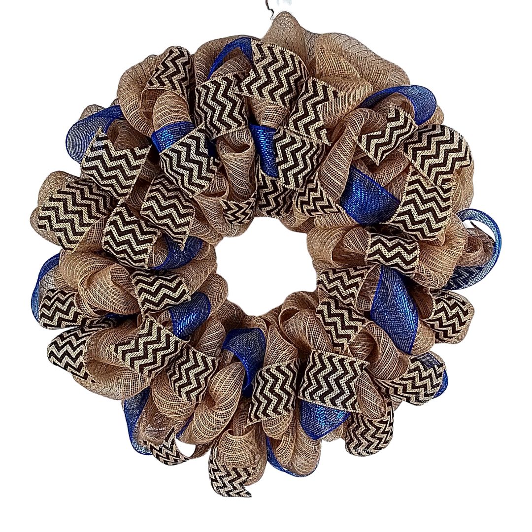 Burlap and Blue Deco Mesh Wreath, Rustic Door Hanger, Chevron Ribbon Accents