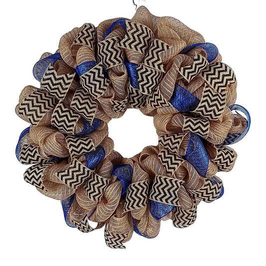 Burlap and Blue Deco Mesh Wreath, Rustic Door Hanger, Chevron Ribbon Accents