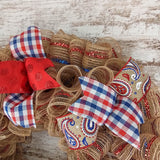 Fourth of July Independence Day Mesh Door Wreath; red white blue jute burlap