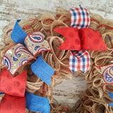 Fourth of July Independence Day Mesh Door Wreath; red white blue jute burlap