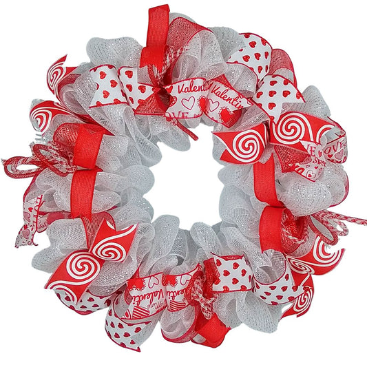 Valentine's Day Red & White Mesh Wreath – Handmade Heart & Swirl Ribbon Décor