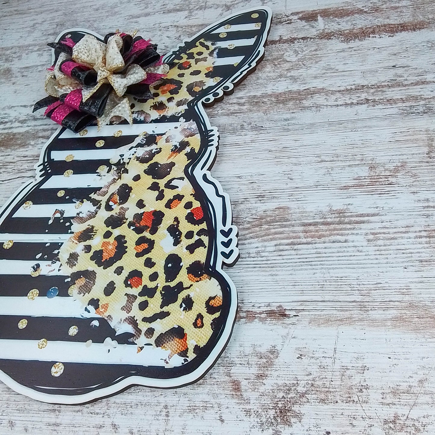 Easter Bunny Door Hanger, Striped Animal Print Decor, Oversized Bow Accent