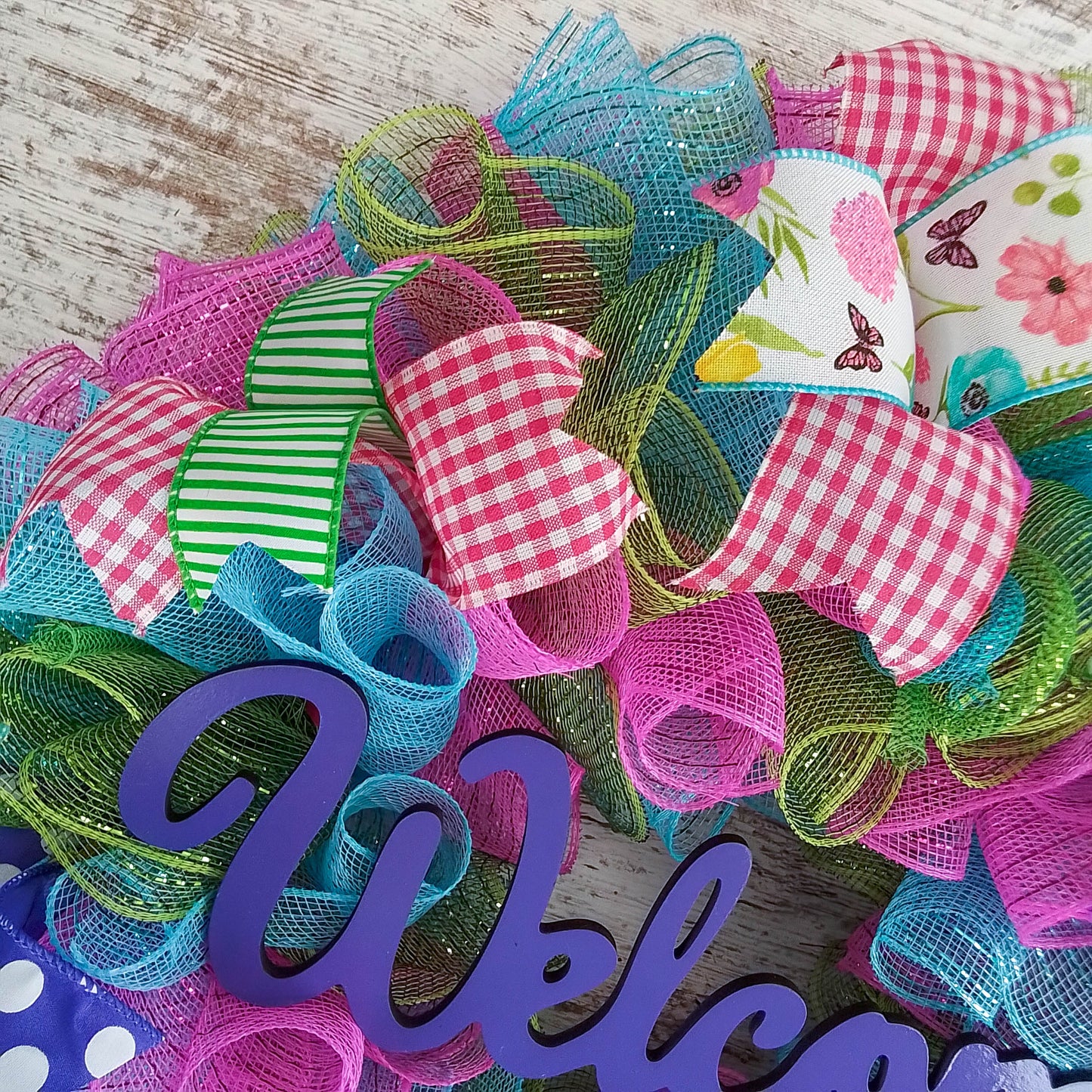Colorful Deco Mesh Wreath, Welcome Door Decoration, Festive Event Decor