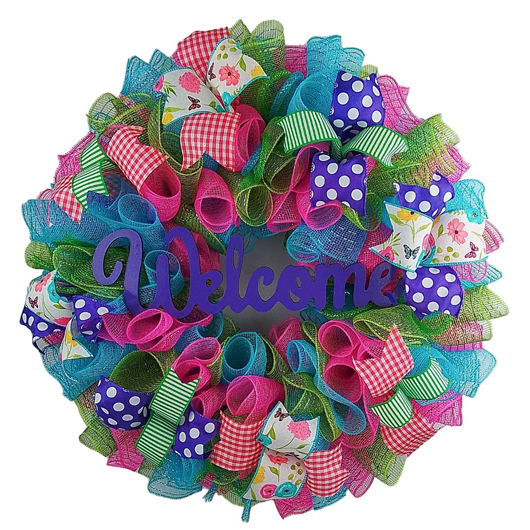 Colorful Deco Mesh Wreath, Welcome Door Decoration, Festive Event Decor