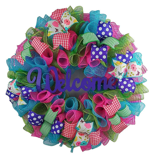 Colorful Deco Mesh Wreath, Welcome Door Decoration, Festive Event Decor