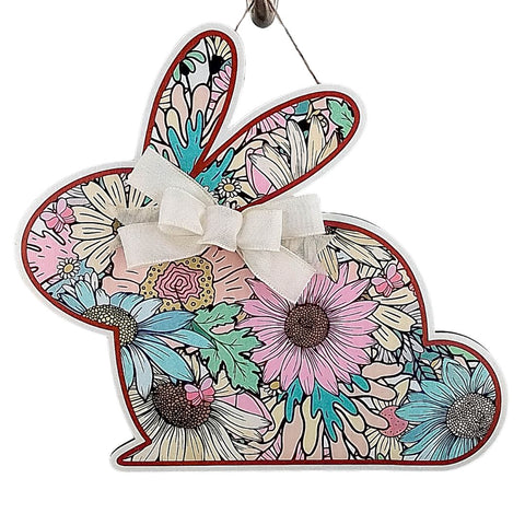 Bunny-Shaped Door Hanger, Springtime Floral Pattern, Handmade Wood Decor