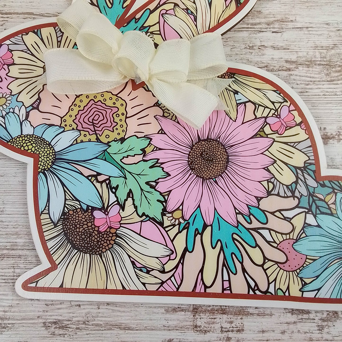 Bunny-Shaped Door Hanger, Springtime Floral Pattern, Handmade Wood Decor